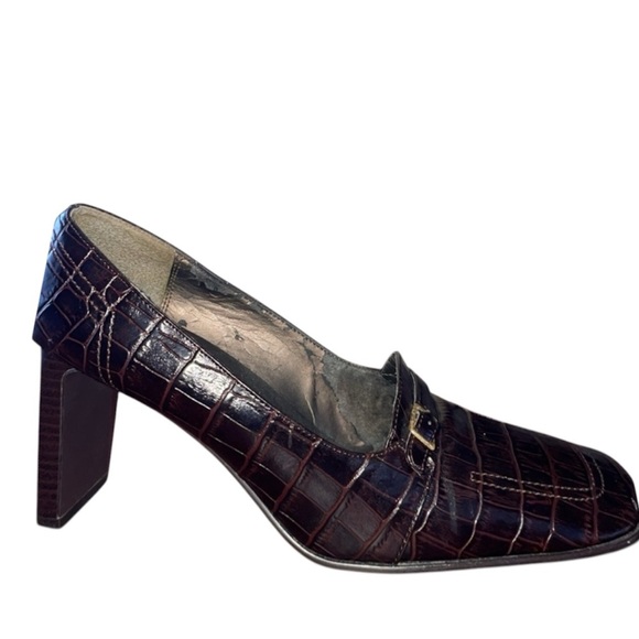 Nina Square Toe Chocolate Croc Embossed Alligator Pumps Gold Buckle Hardware Sz9 - Picture 10 of 10